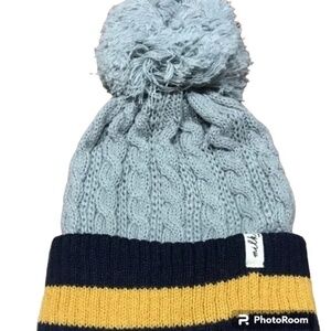 Milk & Soda Hat S Grey Striped Pom Beanie Knit Neutral Winter Snow Preppy
